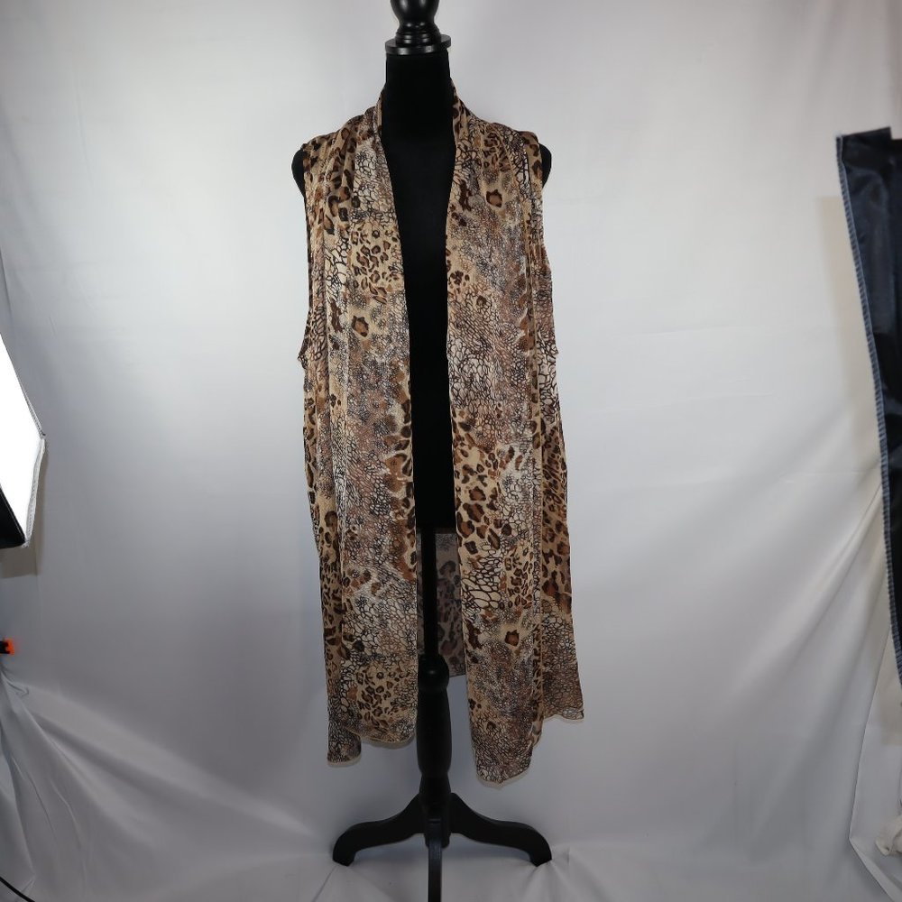 Susan Graver Brown /Tan Leopard Sheer Sleeveless Cardigan Women's Size XL-NWOT